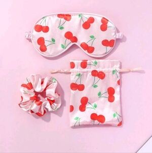 Cherry Print Sleep Mask Scrunchie And Pouch Satin Accessory Set